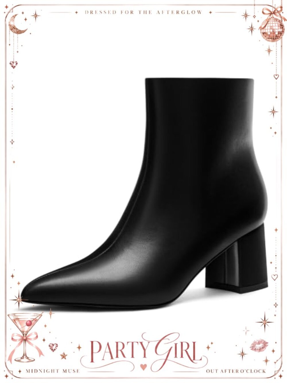 Faux Leather Pointed Toe Ankle Booties Chunky Block Heel Side Zip Dress Boots